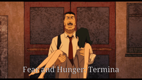 A Man Carrying A Woman In His Arms With The Words Fear And Hunger Termina On The Bottom GIF