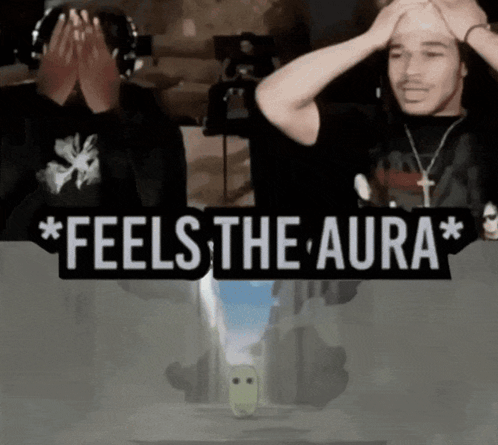 A Man Covering His Face Behind A Sign That Reads " Feels The Aura " GIF