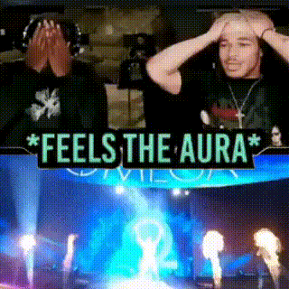 A Man Covering His Face With His Hands And A Sign That Says Feels The Aura GIF