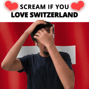 A Man Covering His Face With His Hands In Front Of A Swiss Flag With The Words " Scream If You Love Switzerland " GIF