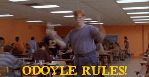A Man Dancing In A Cafeteria With The Words Odoyle Rules GIF