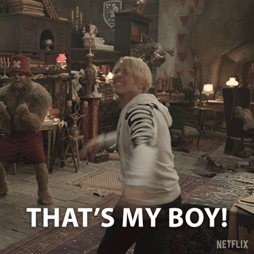 A Man Dancing In A Room With The Words That 'S My Boy GIF