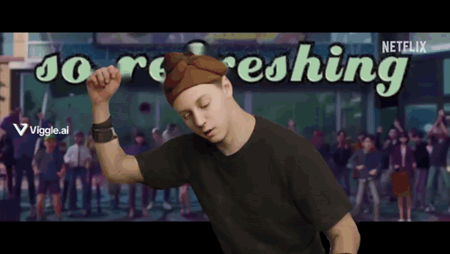 A Man Dancing In Front Of A Sign That Says Netflix GIF
