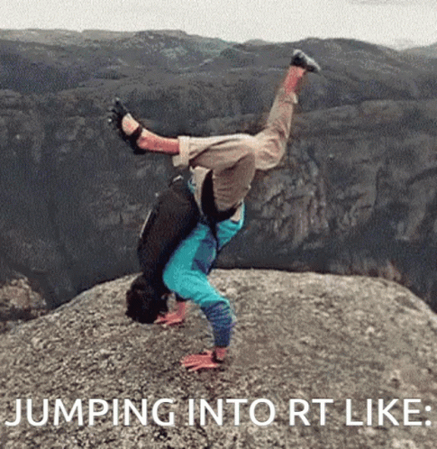 A Man Doing A Handstand On Top Of A Rock With The Words Jumping Into Rt Like GIF
