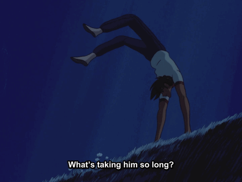 A Man Doing A Handstand With The Words " Maybe He Got Pooped Out And Went Back Without Me " GIF