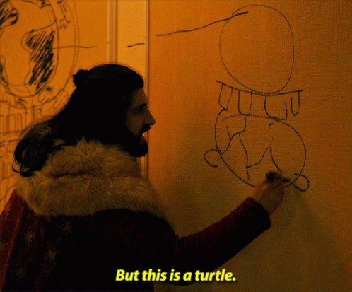 a man drawing a turtle on a wall with the words but this is a turtle below him