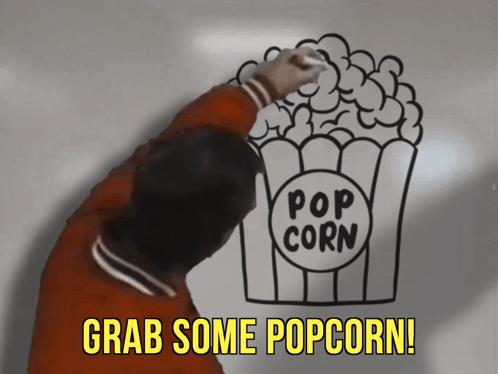 A Man Draws A Picture Of A Popcorn Bucket With The Words Grab Some Popcorn Below It GIF