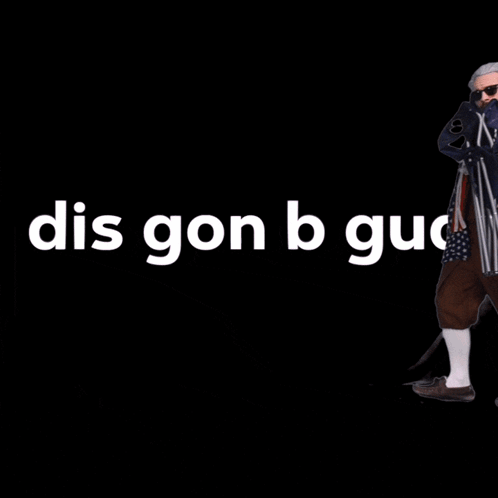 A Man Dressed As Benjamin Franklin Is Standing Next To A Folding Chair With The Words " On B Gud " On The Bottom GIF