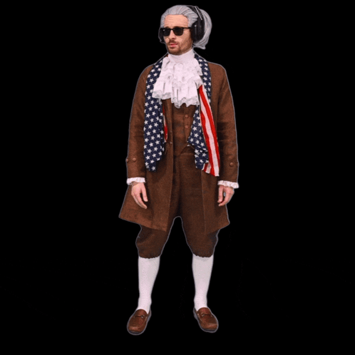 A Man Dressed As Benjamin Franklin Is Standing Next To A Smaller Version Of Him GIF