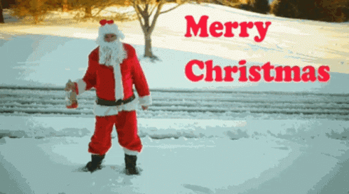 A Man Dressed As Santa Claus Is Standing In The Snow With Merry Christmas Written On The Bottom GIF