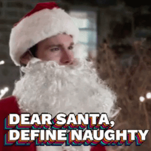 A Man Dressed As Santa Claus Says Dear Santa Define Naughty . GIF