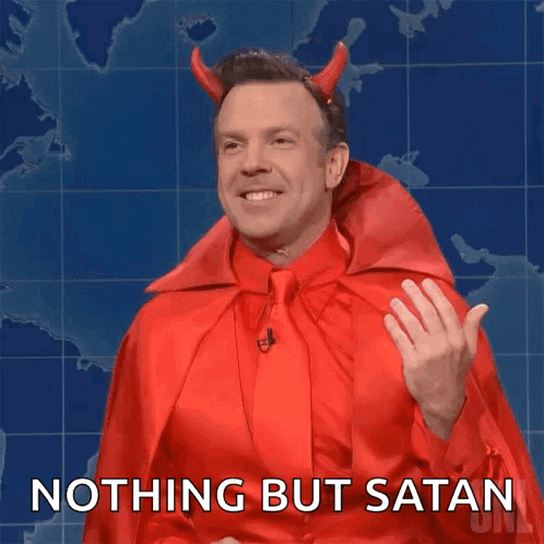 A Man Dressed In A Devil Costume Says " Nothing But Satan " GIF