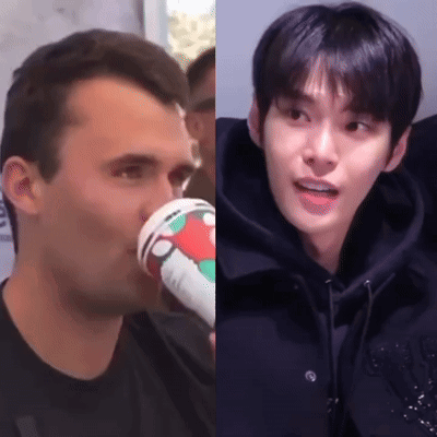 A Man Drinking A Cup Of Coffee Next To A Man Drinking From A Cup . GIF