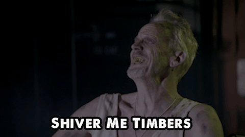 A Man Drinking From A Bottle With The Words " Shiver Me Timbers " Below Him GIF