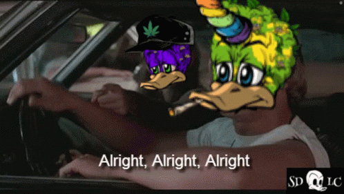 A Man Driving A Car With A Cartoon Duck Smoking A Cigarette And The Words " Alright Alright Alright " Below Him GIF