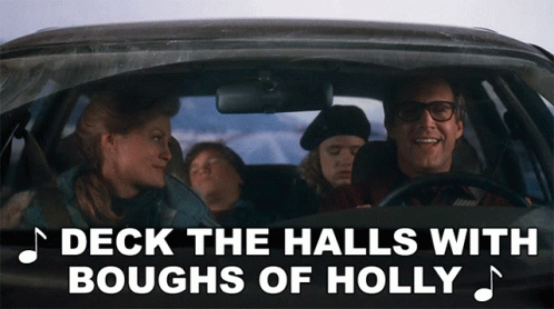 A Man Driving A Car With The Words Deck The Halls With Boughs Of Holly GIF