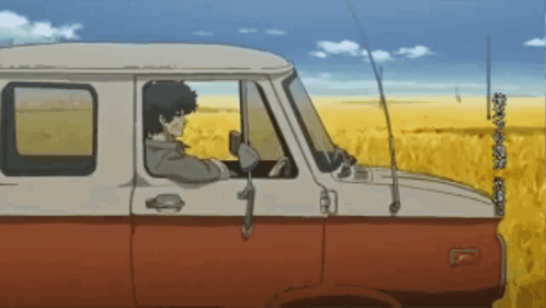A Man Driving A Red And White Van In A Field GIF