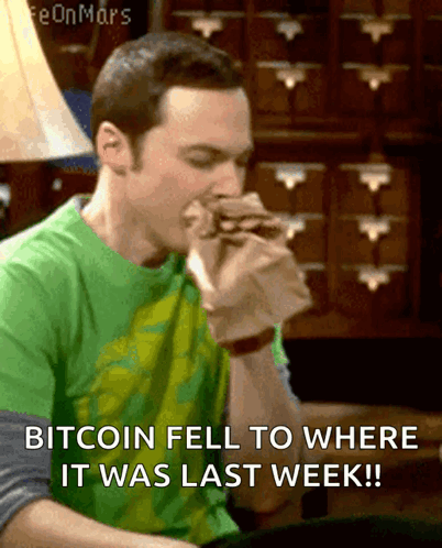 A Man Eating A Sandwich With The Words Bitcoin Fell To Where It Was Last Week Written Below Him GIF