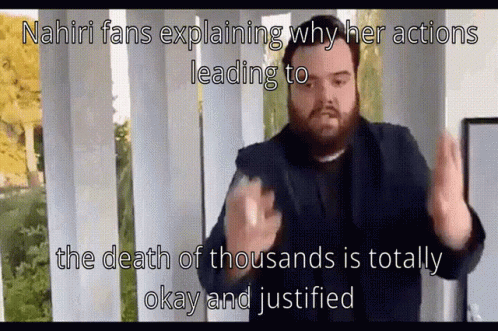 A Man Explaining Why Her Actions Leading To The Death Of Thousands Is Totally Okay GIF