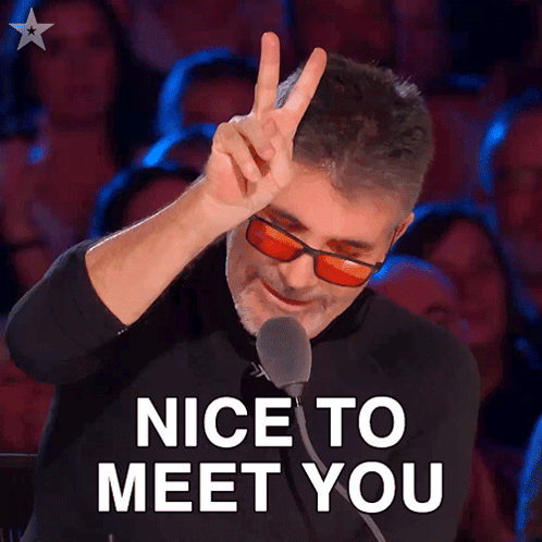 A Man Giving A Peace Sign In Front Of A Crowd With The Words Nice To Meet You Below Him GIF
