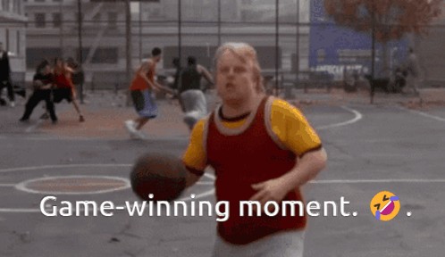 A Man Holding A Basketball On A Basketball Court With The Words Game-Winning Moment Below Him GIF