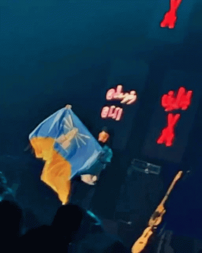 A Man Holding A Blue And Yellow Flag On Stage GIF