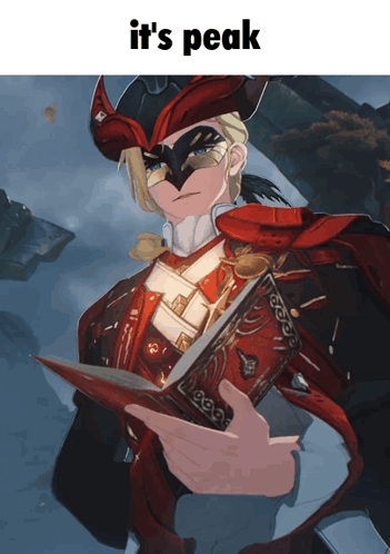 A Man Holding A Book With The Words It 'S Peak On The Bottom GIF