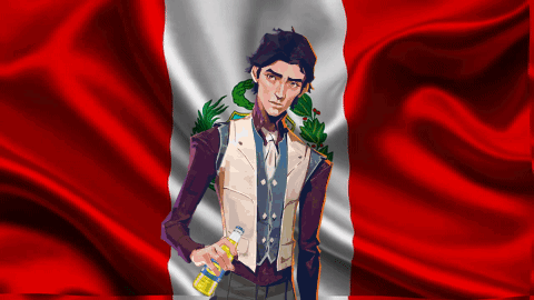 A Man Holding A Bottle In Front Of A Peruvian Flag GIF