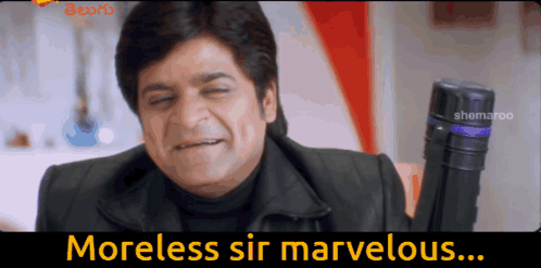 A Man Holding A Bottle With The Words Moreless Sir Marvelous Written Below Him GIF