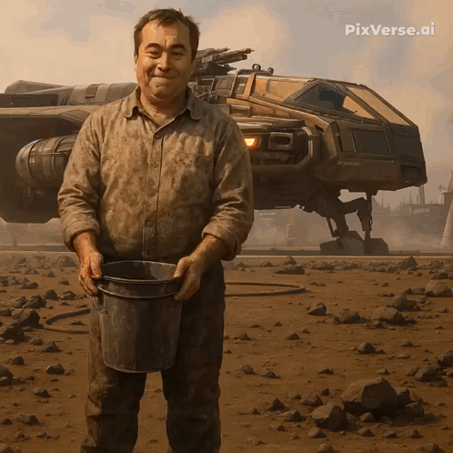 A Man Holding A Bucket In Front Of A Futuristic Vehicle With Pixverse.ai Written On The Bottom GIF