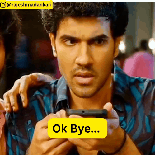 A Man Holding A Cell Phone With A Yellow Sticker That Says " Ok Bye " GIF