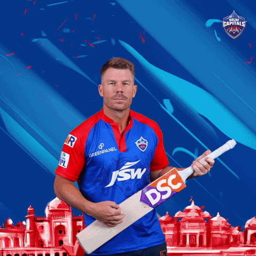 A Man Holding A Cricket Bat That Says Dsc On The Side GIF