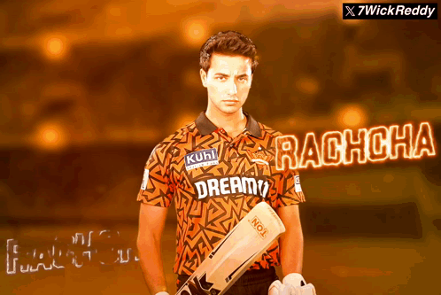 A Man Holding A Cricket Bat With The Name Rachcha On The Bottom GIF