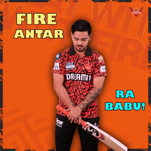 A Man Holding A Cricket Bat With The Words Fire Antar Ra Babu GIF