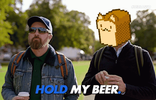 A Man Holding A Cup Of Coffee And Another Man Holding A Sandwich Says Hold My Beer GIF