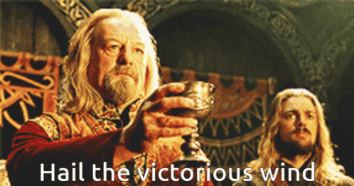 A Man Holding A Cup With The Words " Hail The Victorious Wind " Written Below Him GIF