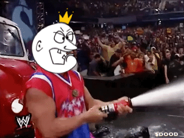 A Man Holding A Fire Extinguisher In Front Of A Crowd With A W Logo GIF