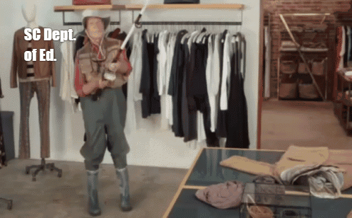 A Man Holding A Fishing Rod In A Store With The Words Sc Dept Of Ed On The Bottom GIF