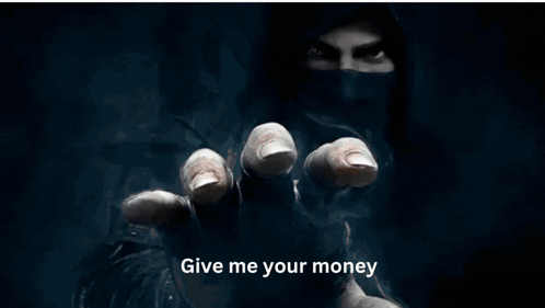 A Man Holding A Flashlight With The Words Give Me Your Money Written Below Him GIF
