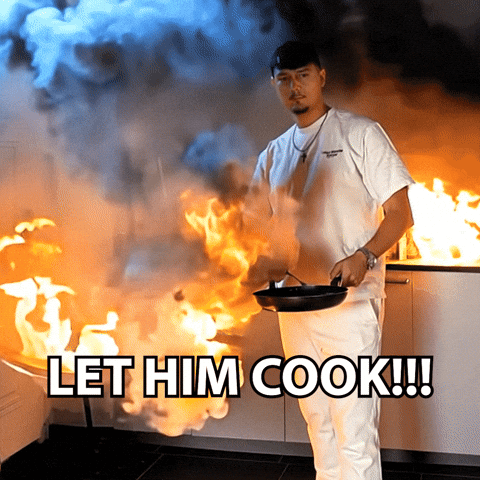 a man holding a frying pan in front of a fire with the words let him cook below him