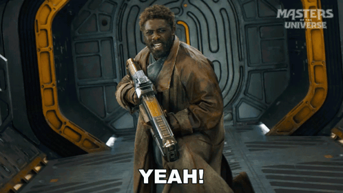 A Man Holding A Gun And Saying Yeah In Front Of Masters Of The Universe GIF