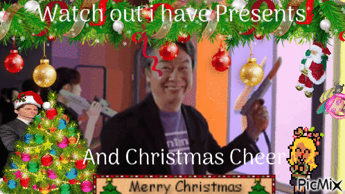 A Man Holding A Gun In Front Of A Christmas Tree Says Watch Out I Have Presents And Christmas Cheer GIF