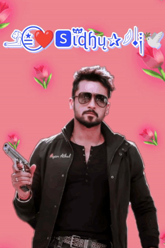 A Man Holding A Gun In Front Of A Pink Background That Says Sidhu Ali GIF