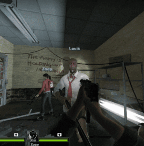 a man holding a gun in front of a wall that says louis