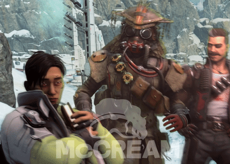 A Man Holding A Gun Is Standing Next To A Man In A Futuristic Outfit With The Word Mccrea On The Bottom Left GIF