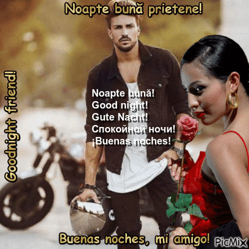 A Man Holding A Helmet Stands Next To A Woman Holding A Rose And Says Goodnight Friend GIF