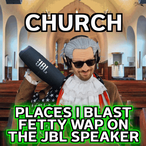 A Man Holding A Jbl Speaker In A Church GIF