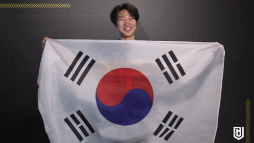 A Man Holding A Korean Flag With The Letter B On It GIF