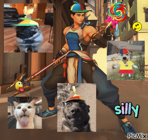 A Man Holding A Lollipop Is Surrounded By Pictures Of Animals And Says Silly GIF