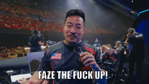 A Man Holding A Pair Of Glasses With The Words Faze The Fuck Up Above Him GIF